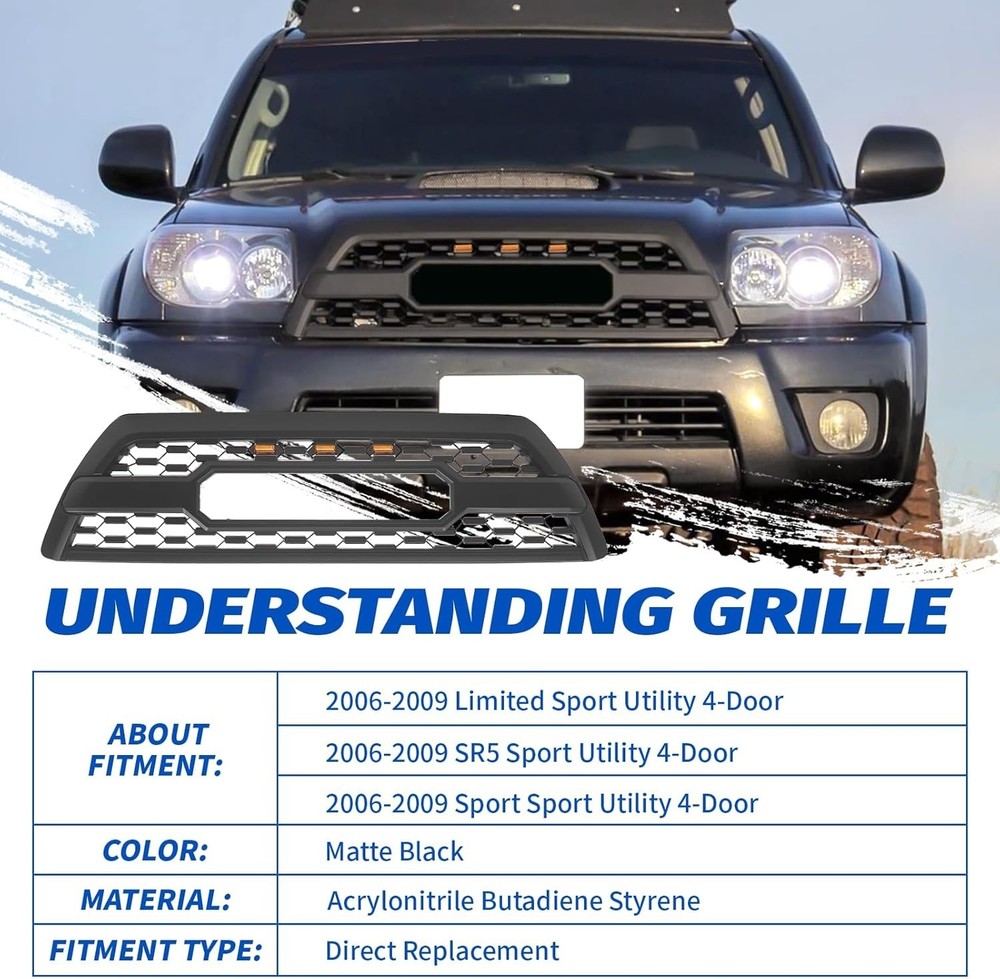 Front Grill Compatible with 4Runner 2006-2009 Matte Black Front Bumper Grille wi