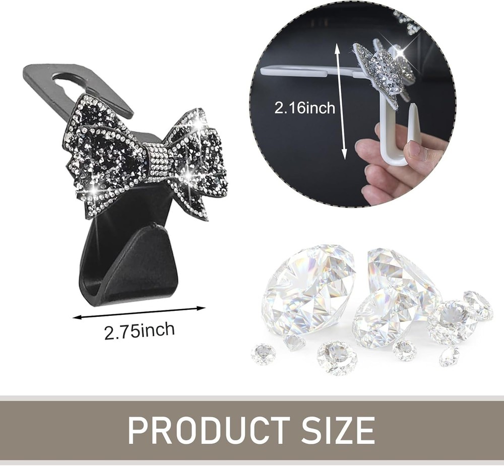 2 PCS Black Crystal Rhinestone Bow S Type Car Headrest Hooks