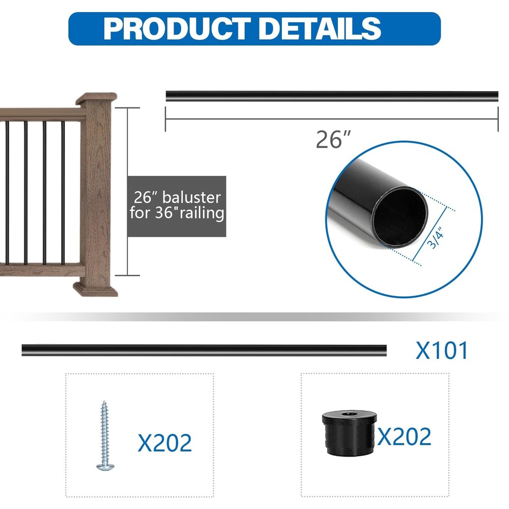 101 Pack 26" Deck Balusters, Hollow Round Aluminum Balusters for Deck Railing...