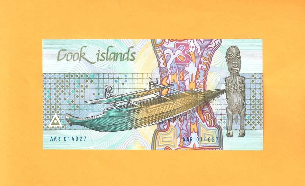 COOK ISLANDS-3 DOLLARS-ND (1987)-SERIAL NUMBER AAR 014027-PICK 3 , UNC .