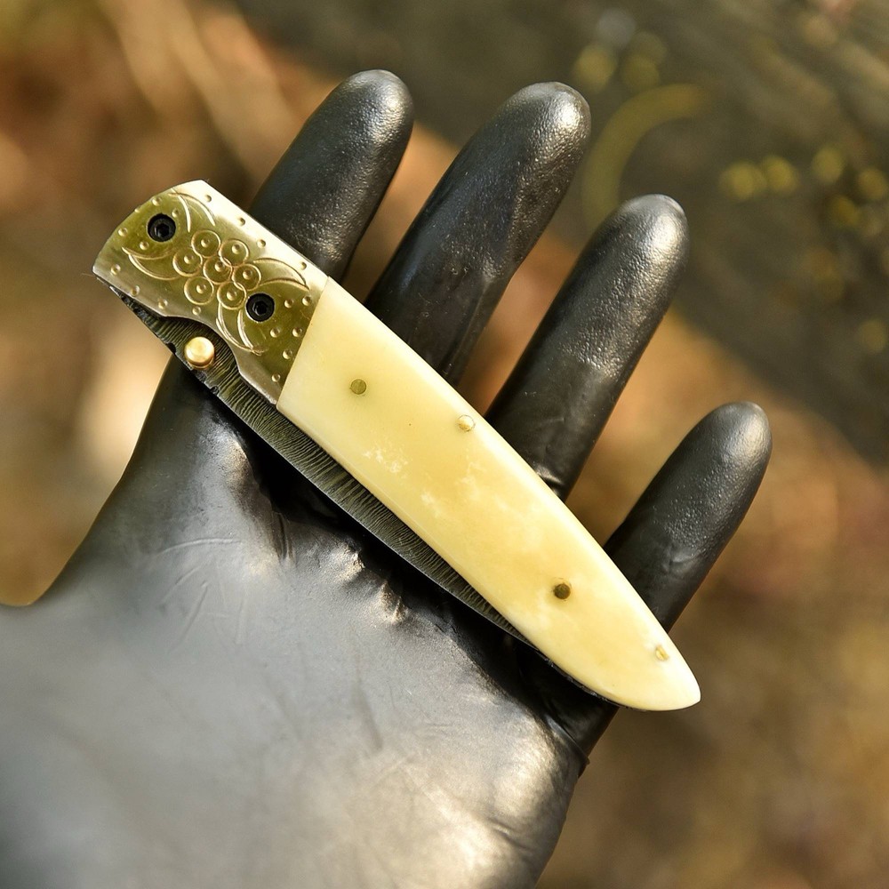 Damascus Folding Dagger Blade Pocket Skinner Knife Case- Camel Bone - Sheath