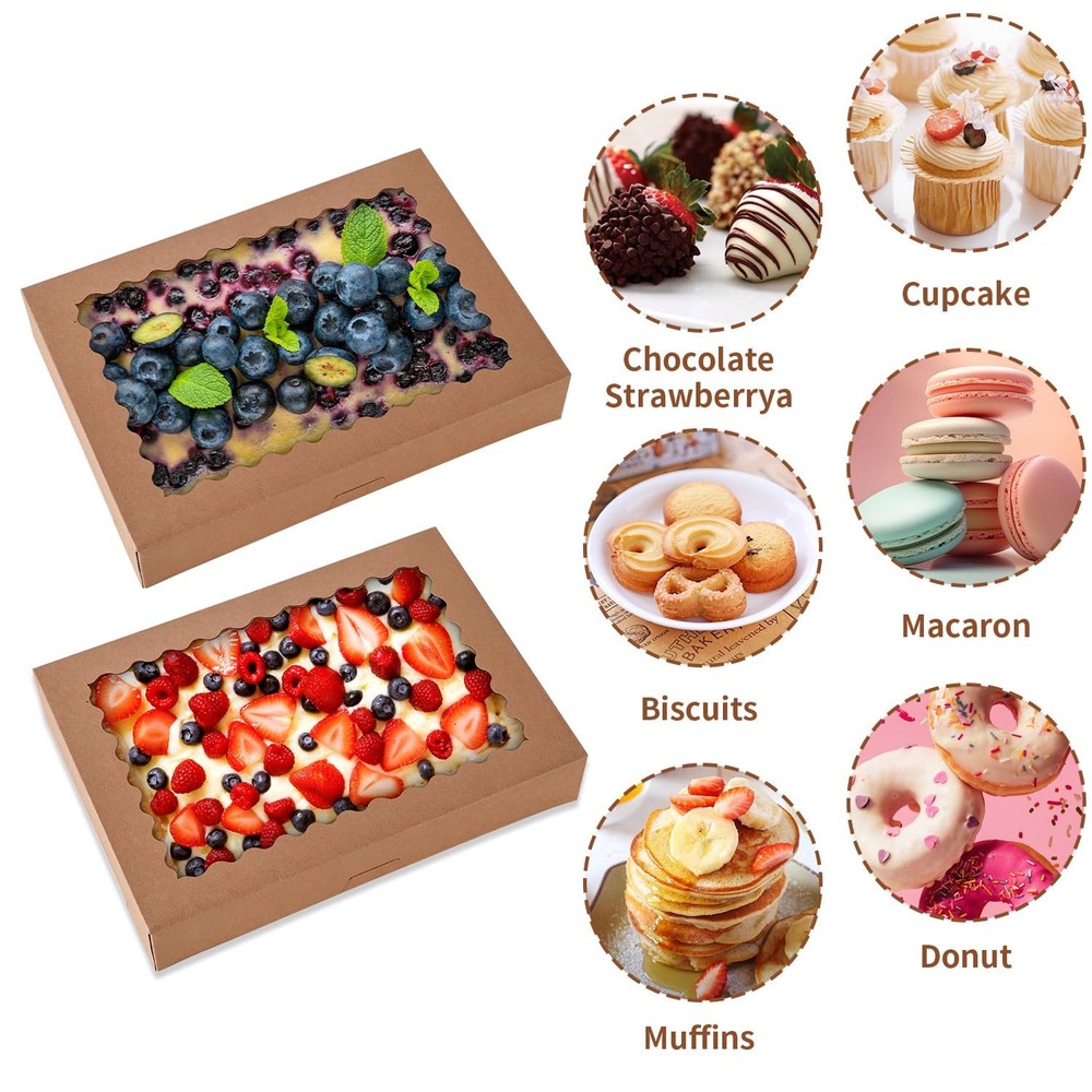 Cookie Boxes 9x6x2.5 Inch Large Window Bakery Pastry Brown 36 Pcs