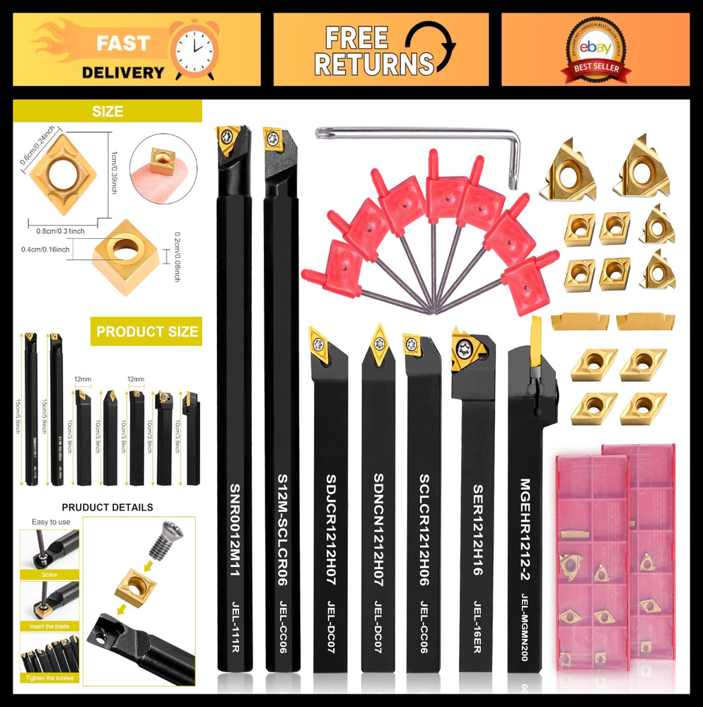 21PCS Indexable Lathe Tool Kit - 1/2" Shank Turning Holders & Carbide Inserts