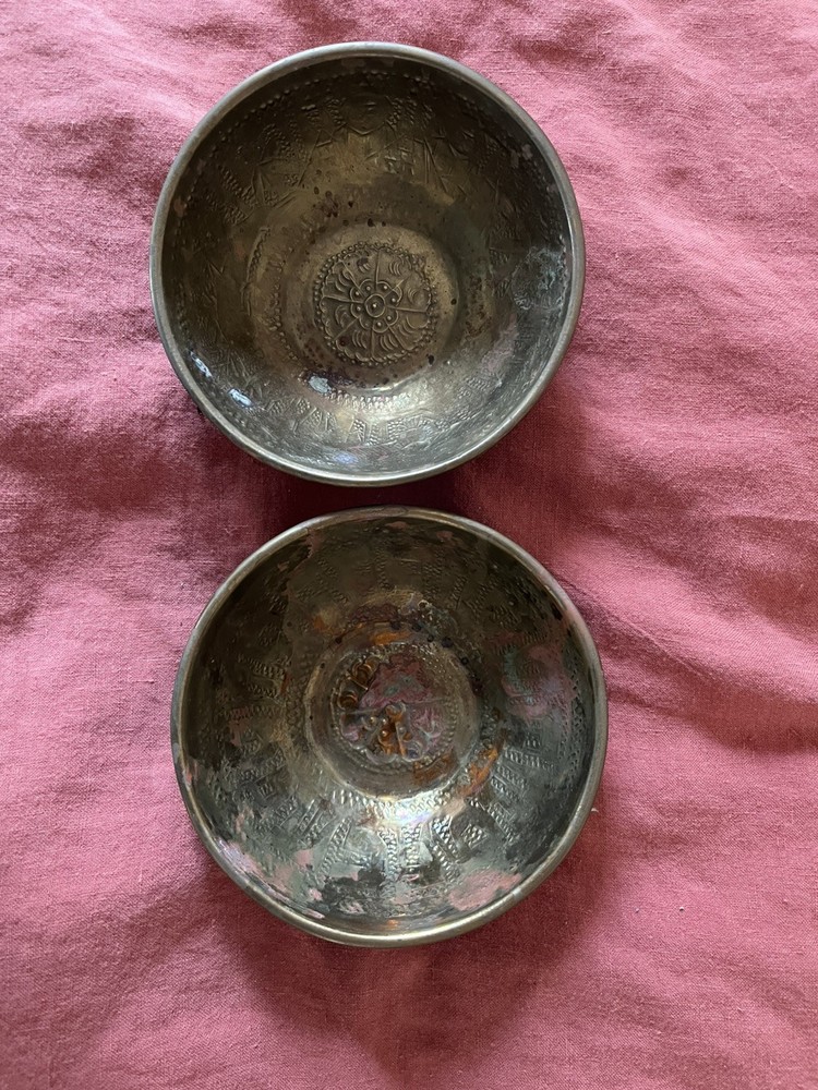Vintage Middle Eastern Hammered Tin Bronze Bowls - pair