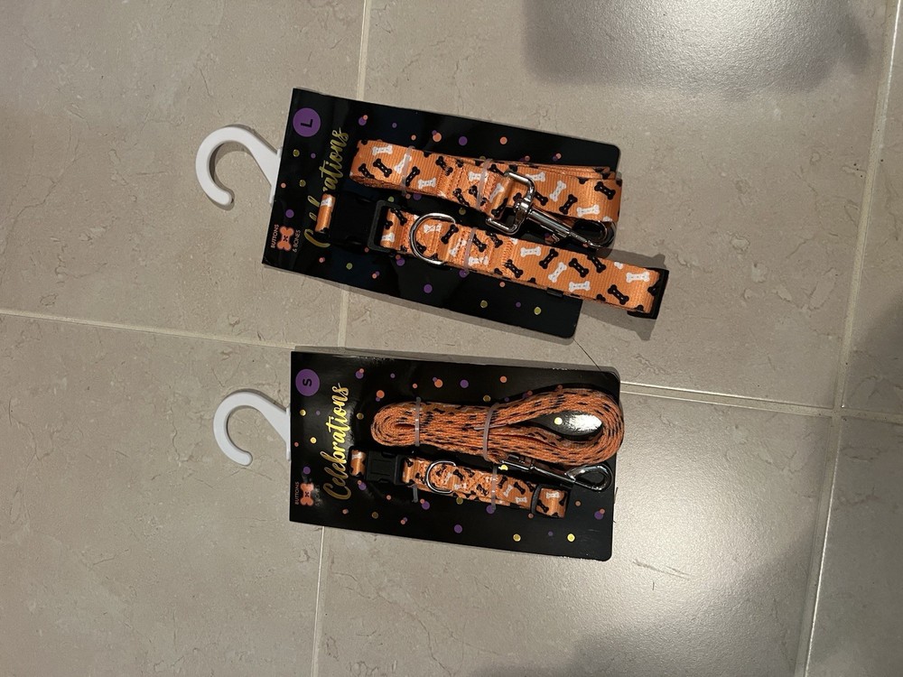 Dog Collar and Leash Set Adjustable Medium Orange Halloween Bone Print Pattern