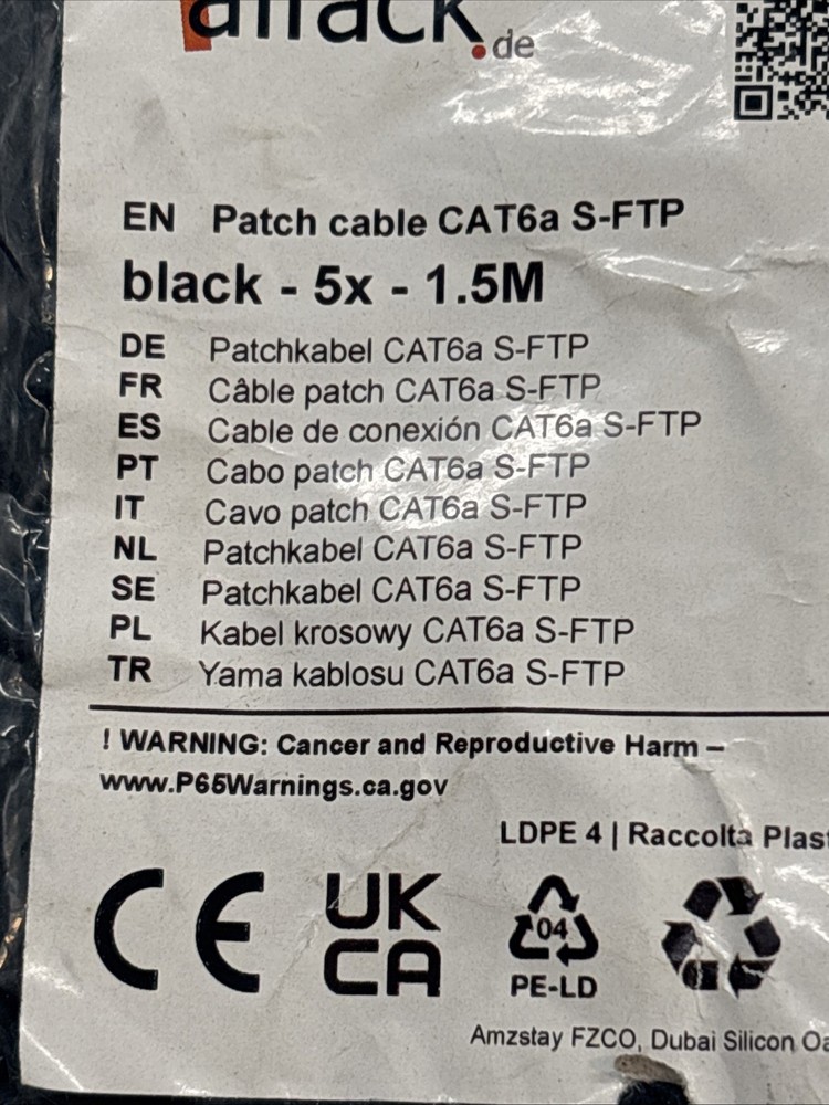 1attack Ethernet Patch Cable CAT6A, S/FTP, 1.5M 5 pack Black