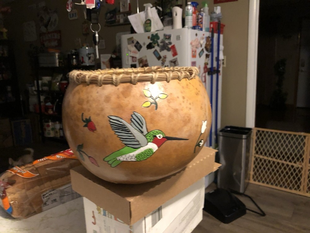 Hand Painted Gourd Bowl Signed