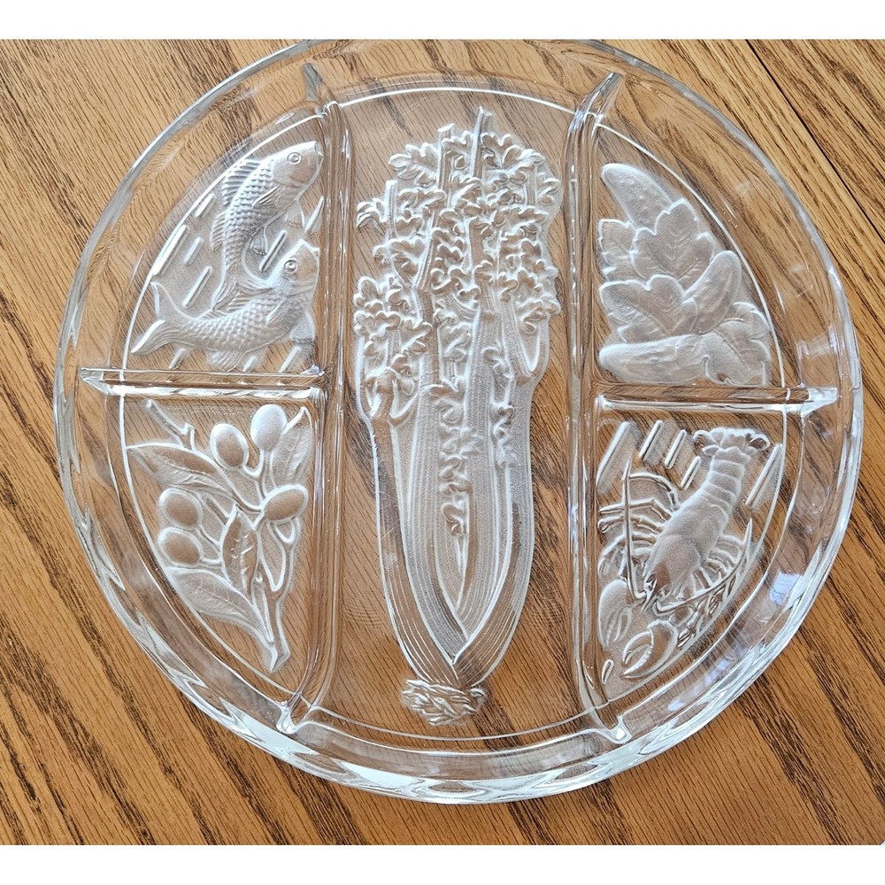 Clear Glass Round Serving Platter Divided Tray Seafood Vegetables Embossed