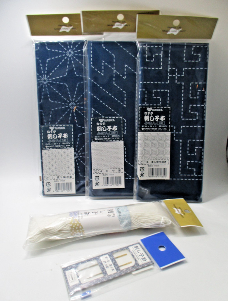 STARTER SET Naska SASHIKO Kit cut cloth Navy 3pcs Pattern C with Needle Thread