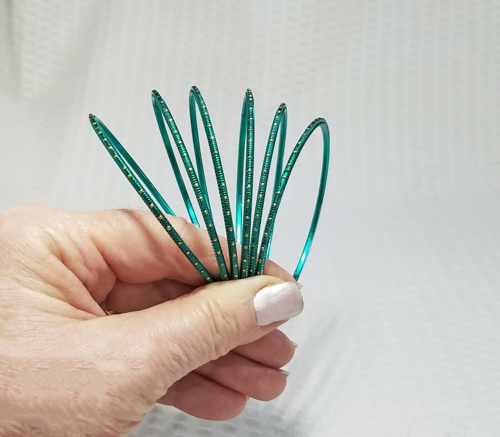 Set of 6 Boho Ultra Thin Peacock Green Teal Stackable Metallic Bangle Bracelets