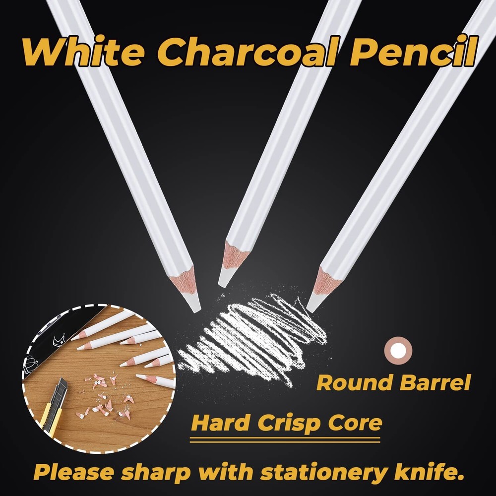 6 White Charcoal Pencils – Highlight Shade & Blend for Sketching