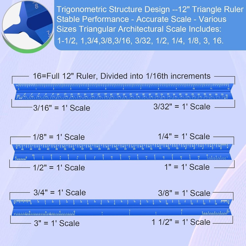 Architectural Scale Ruler, 12'' Imperial Architect Scale, Aluminum Blue
