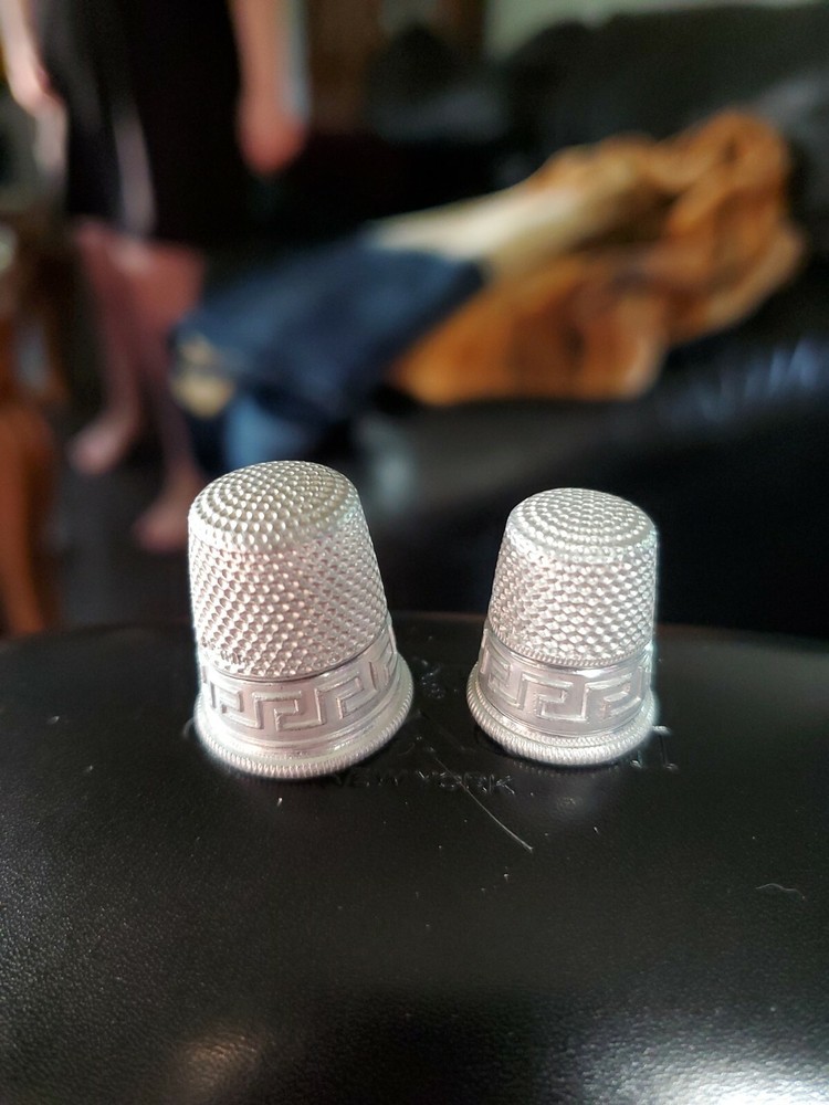 2 Antique  Silver tone aluminum Two-Band Thimbles