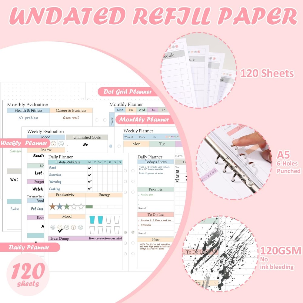 ADHD A5 Planner Refill Pages Inserts Daily Weekly A5-6 Hole, white