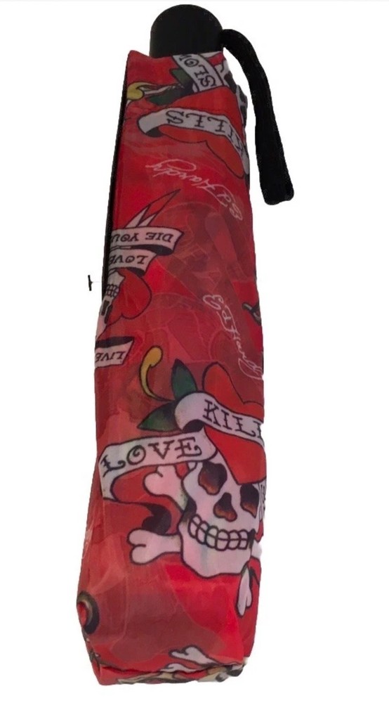 NWT ED HARDY RED SKULLS COMPACT UMBRELLA WITH CASE
