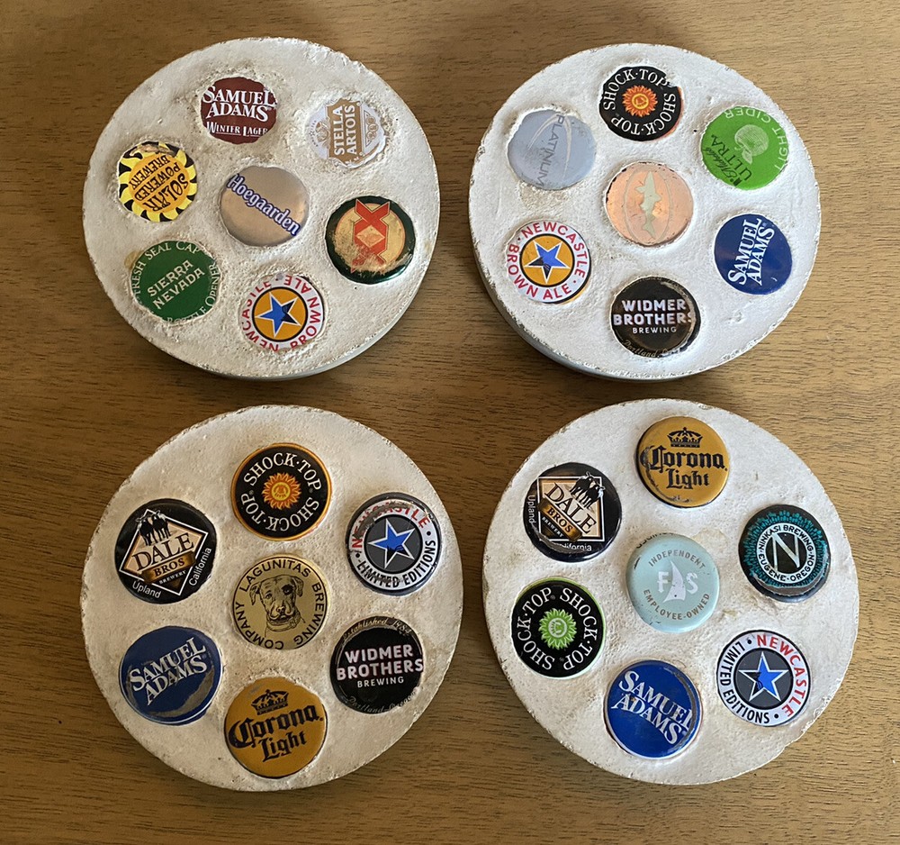 4pcs - Handmade Beer Cap Coasters Corked Back 3-7/8in D Various Makers