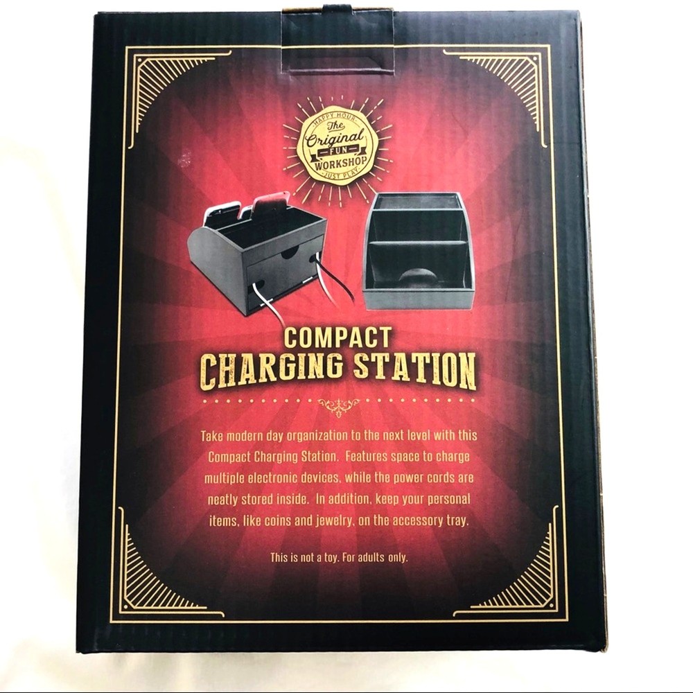 NIB Black Compact Charging Station Organize Multiple Devices HInged Back Panel