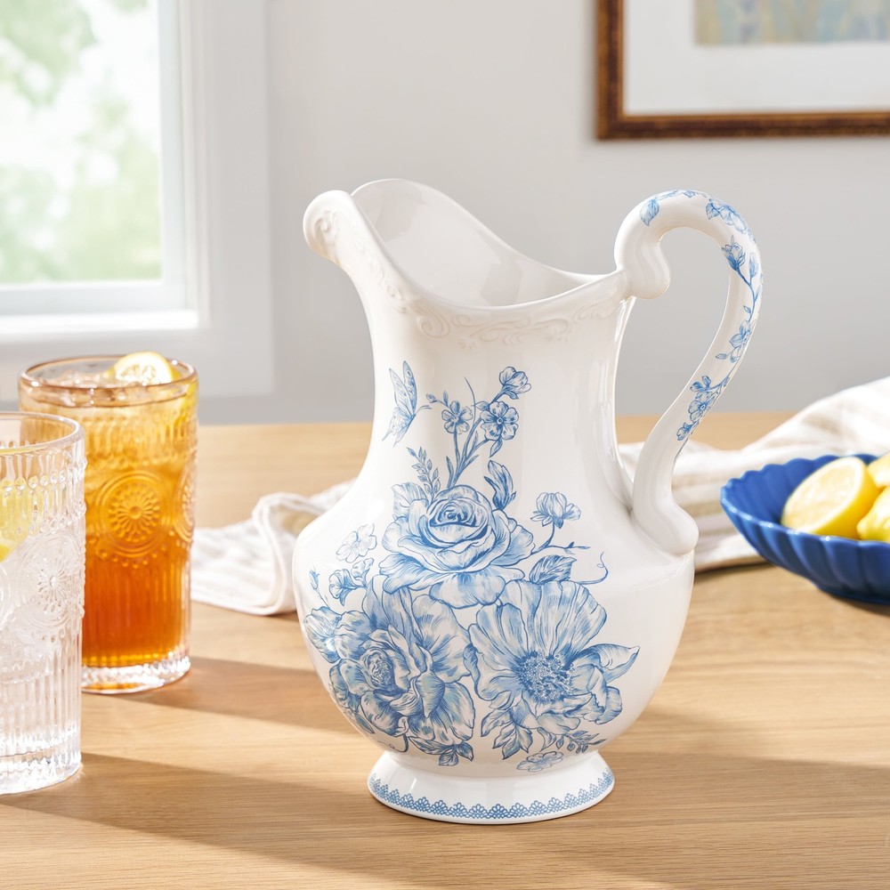 Stoneware 2 Quart Pitcher Blue W/ Durable & Leak Proof Design New