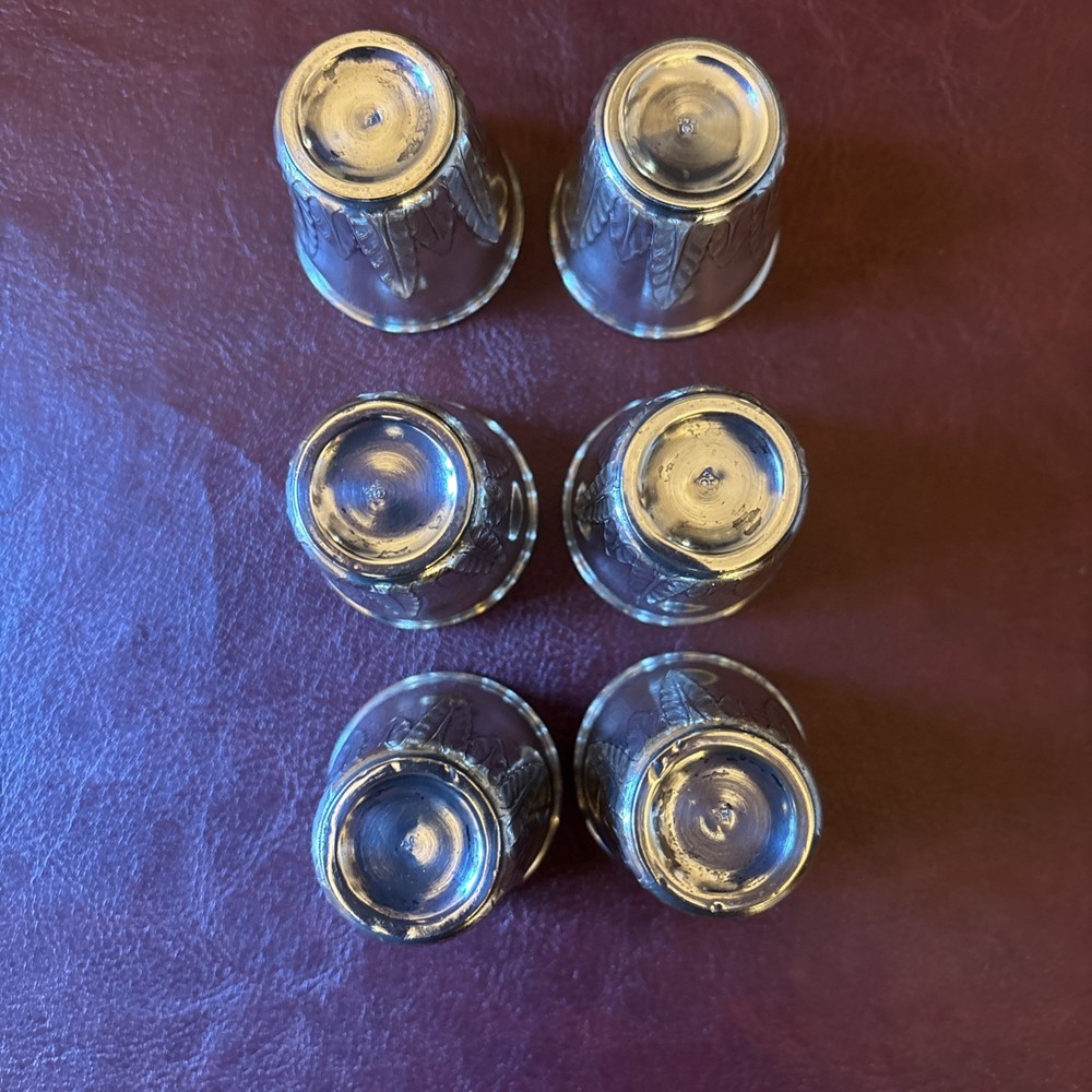 Solid silver hip flask c1900 & Six Antique Continental Solid Silver Shot Cups