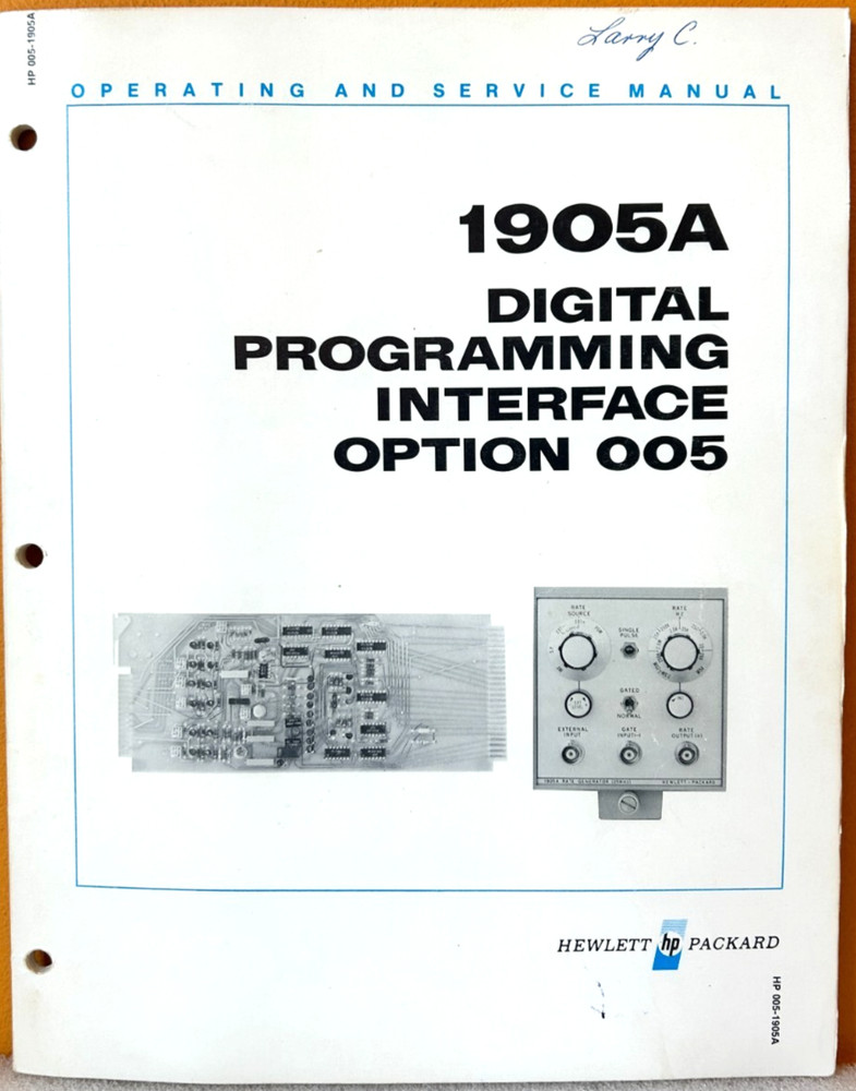 HP 005-01905-90907 Model 1905A Digital Programming Interface Option 005 Manual.