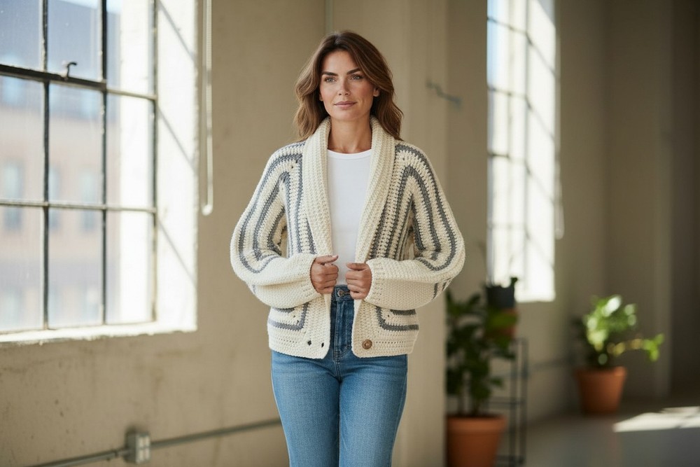 Crochet White and Grey Stripped Cardi