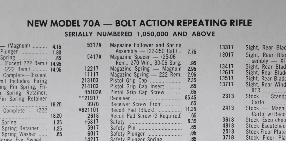 Winchester Model 70 70A Rifle Instructions, 75 Catalog 76 Catalog 2 Pts Sheets