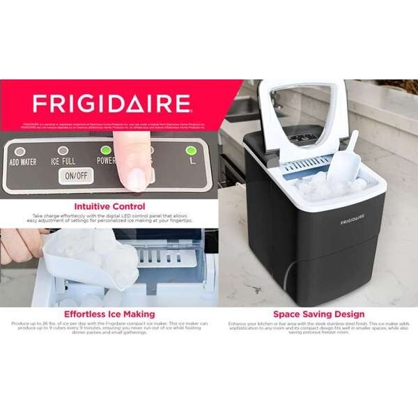 Frigidaire, 26 Lbs. Countertop Ice Maker, Bullet Shaped Ice, Black
