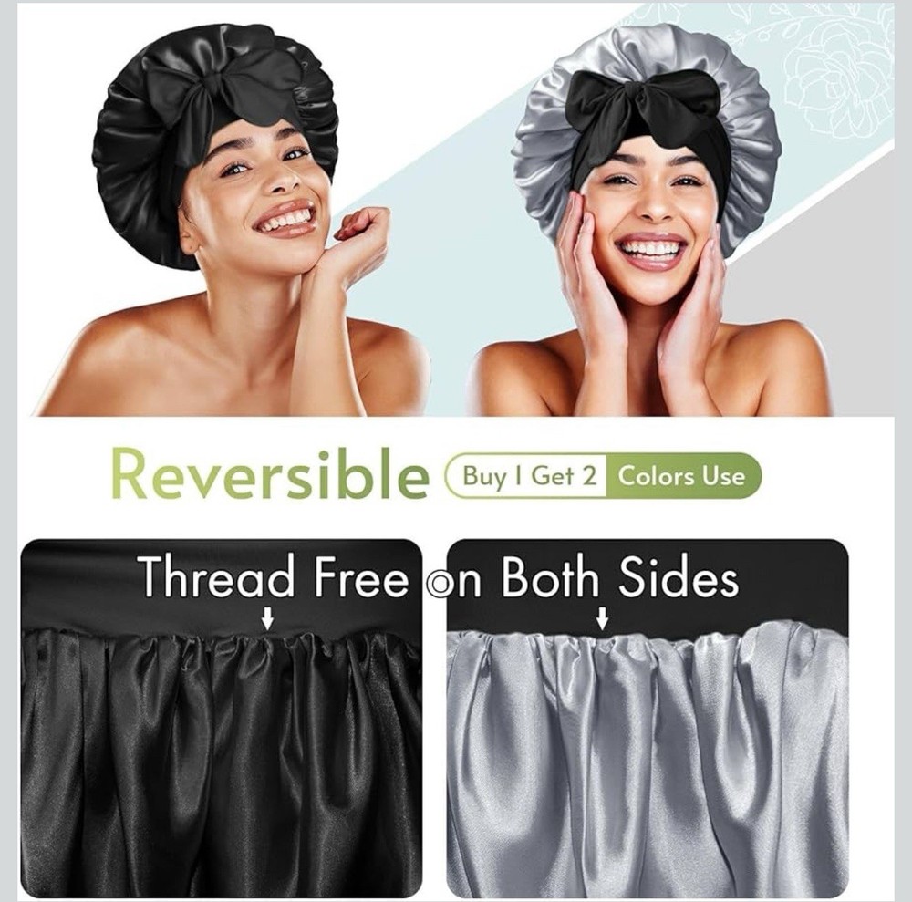 Bonnet Queen, Satin Hair Bonnet for Sleeping Medium Black & Silver.