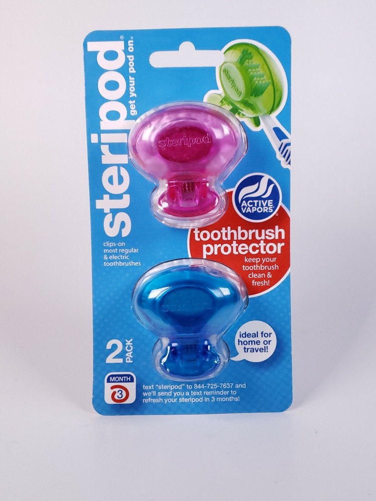 2 Pack Steripod Clip On Toothbrush Pod Protector Sanitizing Case Pink & Blue