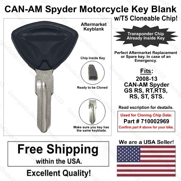 2008-13 Can Am Aftermarket Double Sided Key Blank w/Cloneable chip. Color: Black