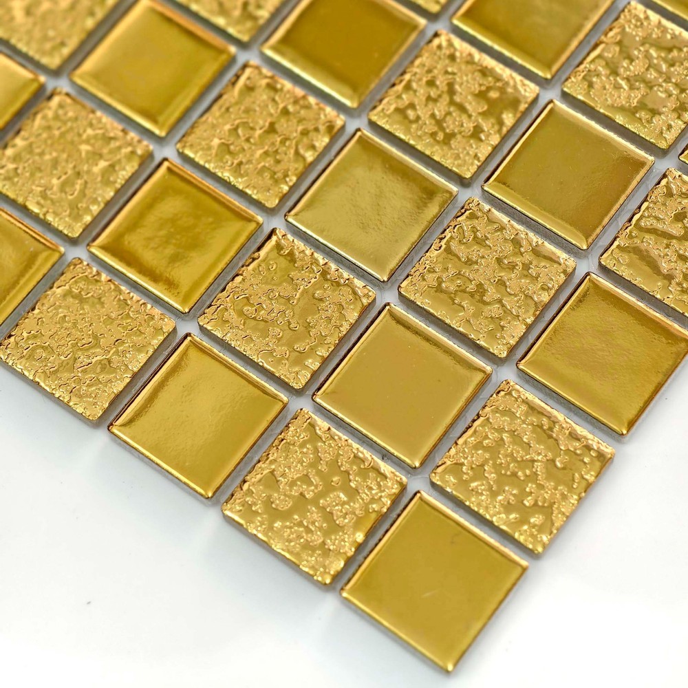 Gold Ceramic Mosaic Tile Square Glossy Textured Wall Backsplash Bathroom Kitchen