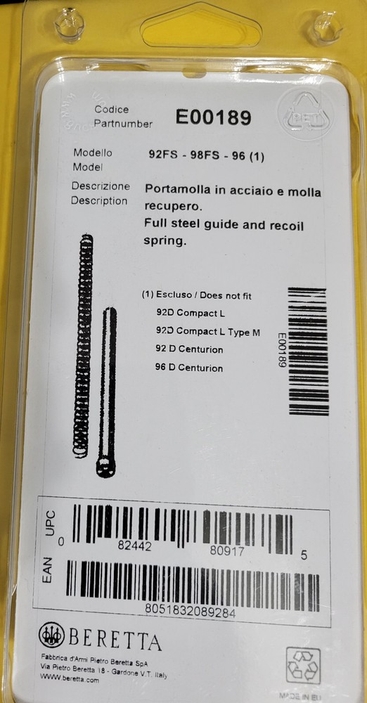 Beretta 92 96 Solid Steel Recoil Spring Guide Rod & Spring Gold Finish #E00189