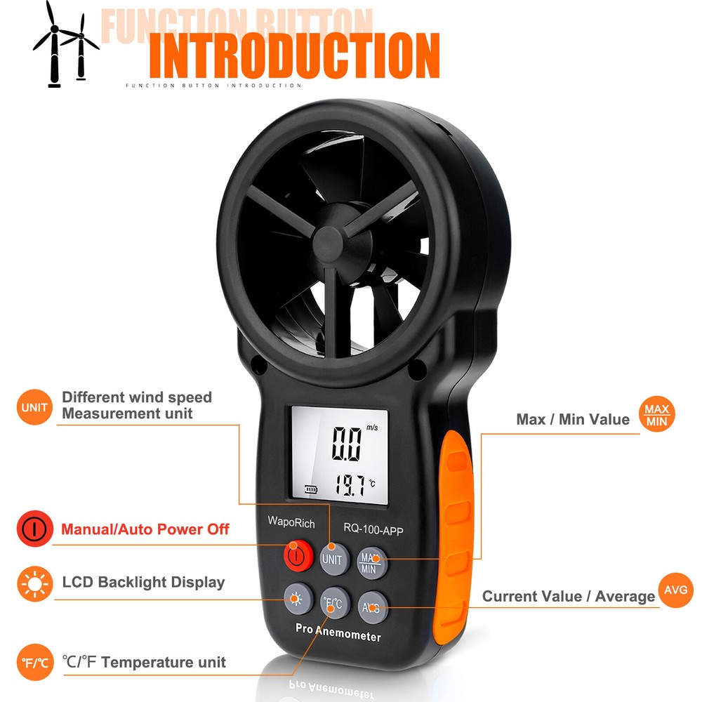 Bluetooth Anemometer Digital LCD Wind Speed Meter Gauge Temperature Tester