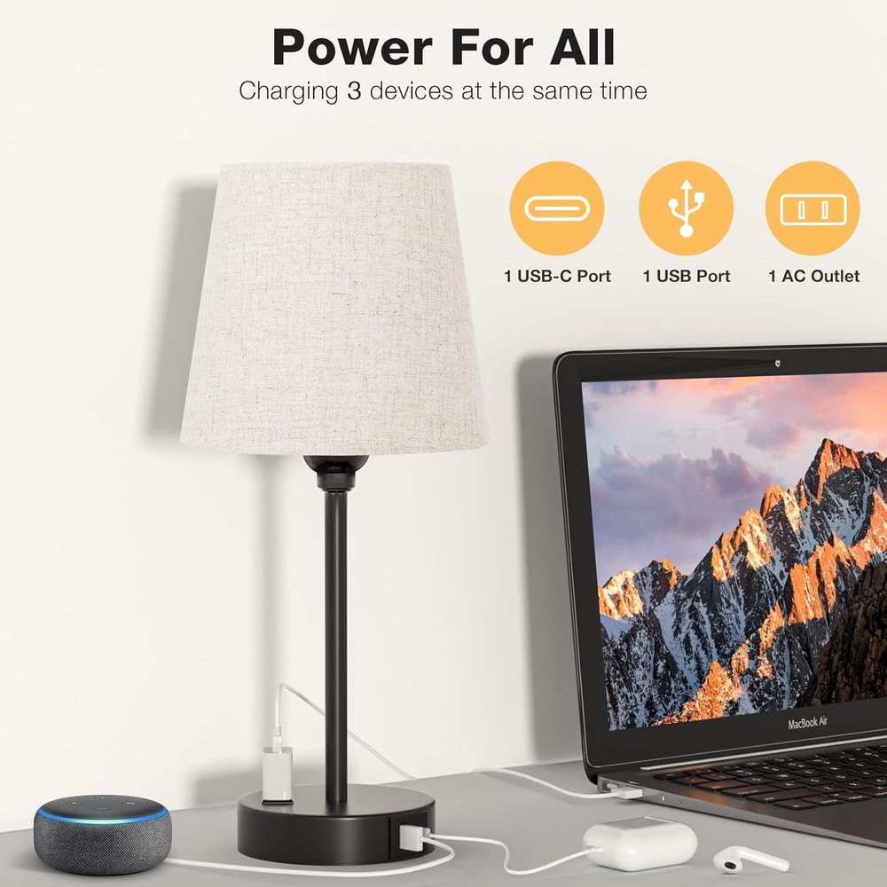2-Piece Bedside Lamp Featuring USB-C Port and AC Power Charging Functionality