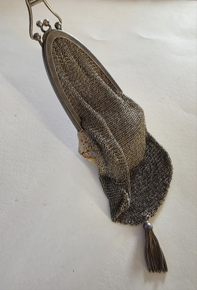 Antique Solid Silver 800 German Small Mesh Handbag Purse with Mesh Handle Strap.