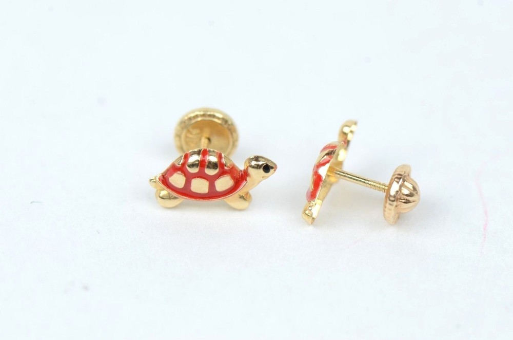 14K Yellow Gold Turtle Screw Backs Children's Stud Earrings
