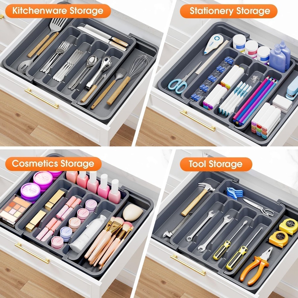 SpaceHacks Silverware Organizer，Adjustable & Expandable Utensil Medium, Grey