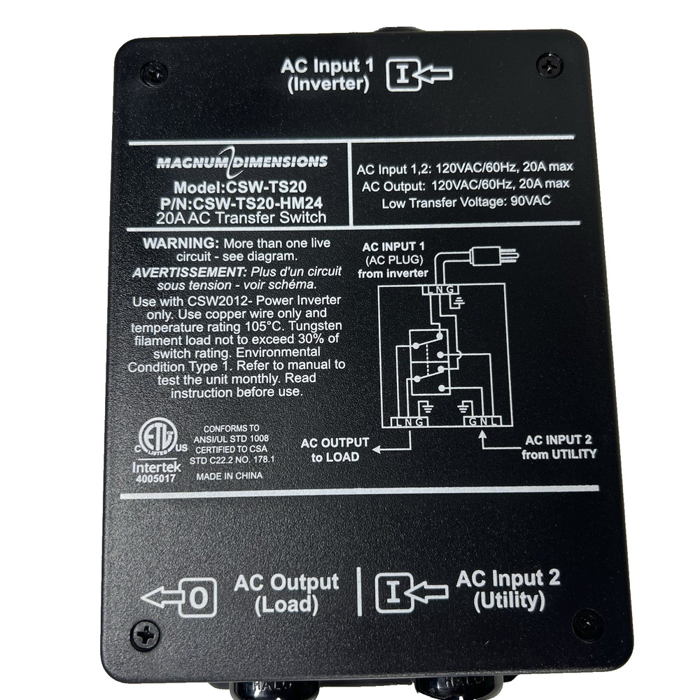 NEW RV Magnum Dimensions Inverter 20A AC Transfer Switch CSW-TS20 HM24