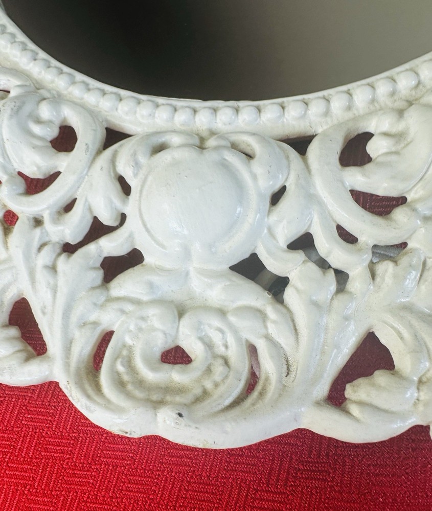 Large Ornate White Cast Iron Vanity Mirror Scroll Frame Tabletop Easel Stand