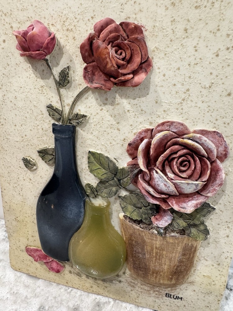Blum Ceramic Raised Relief Floral Art Tile Rectangular Wall Decor 8x6in