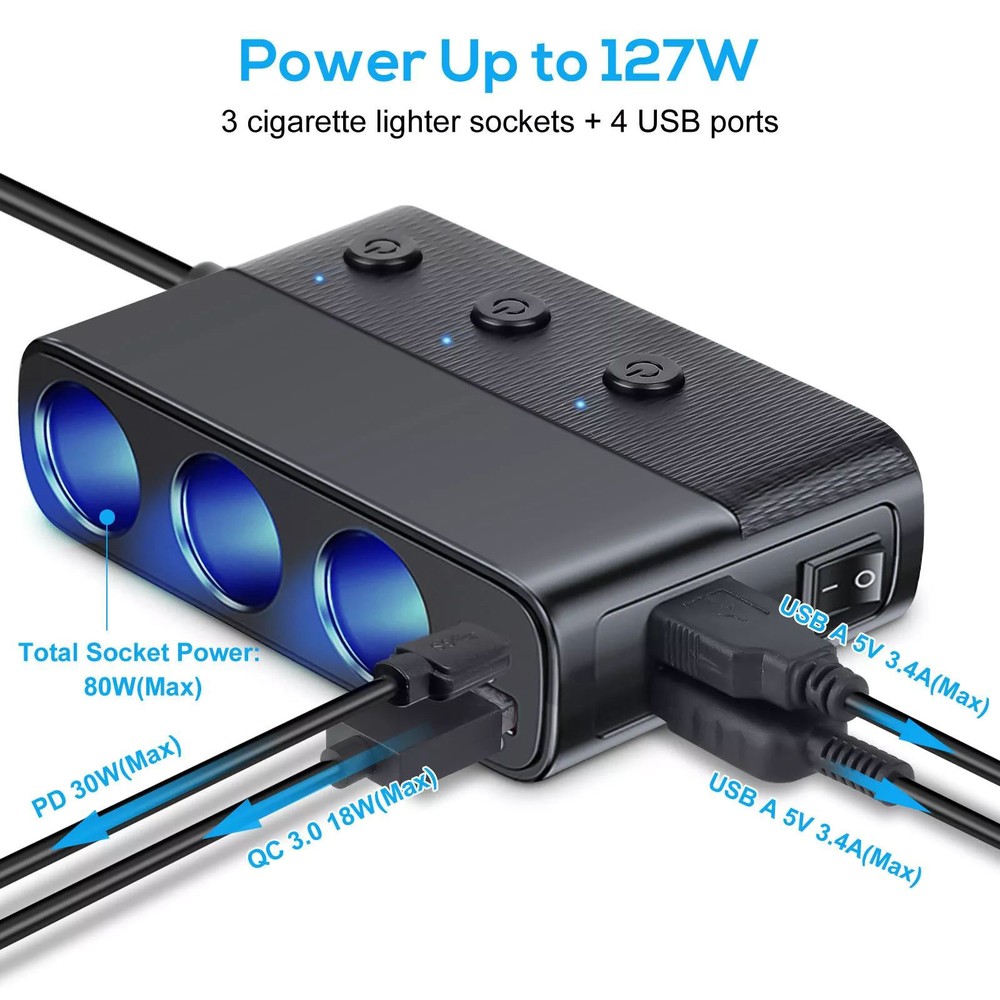 V3 Way Car Cigarette Lighter Socket Splitter 7 in 1 Power Adapter 127W (Max)