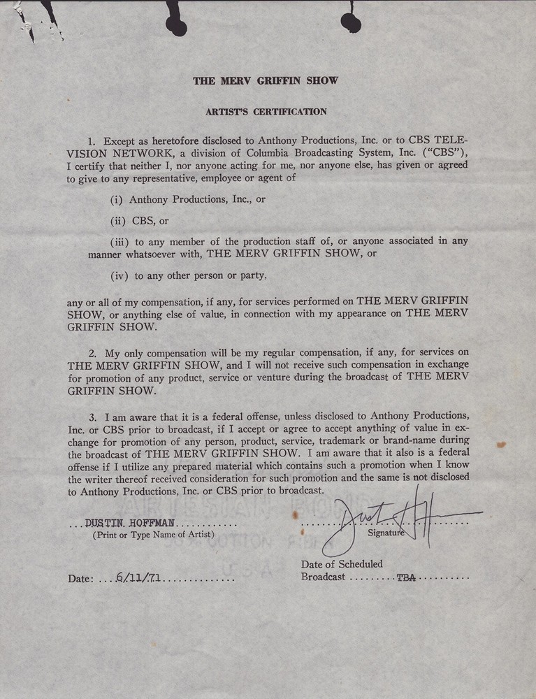 DUSTIN HOFFMAN - DOCUMENT SIGNED 06/11/1971