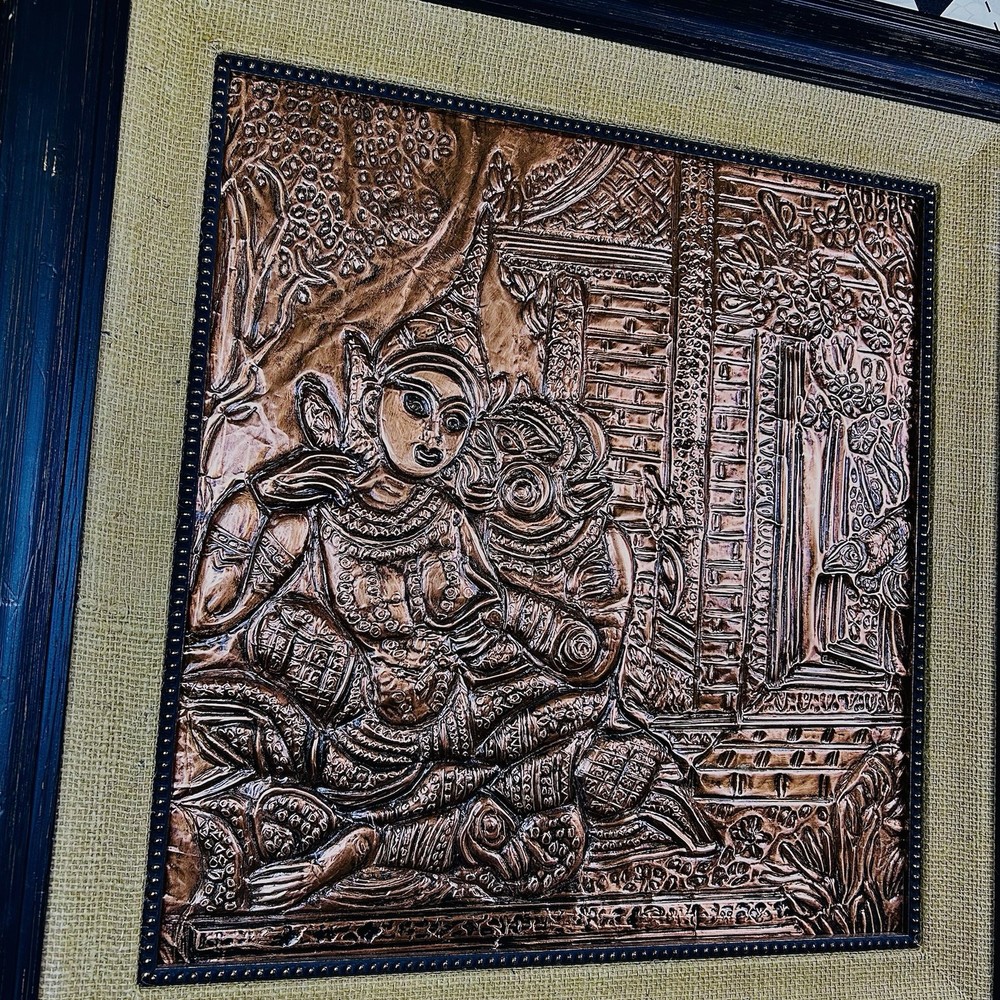 Oversized Framed Repoussé Copper-Tone 25” Devotional Panel Relief Art MidCentury