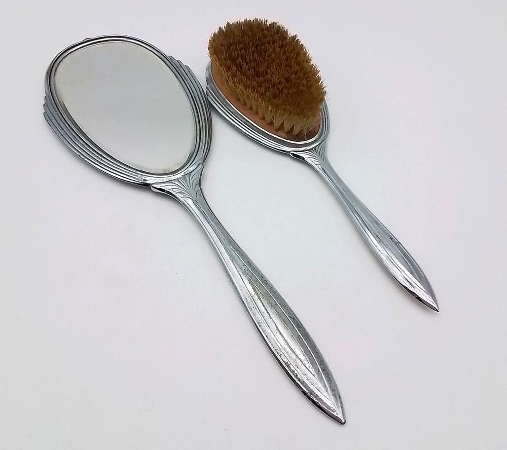 Silver plated enamel Brush and Mirror Vintage Set