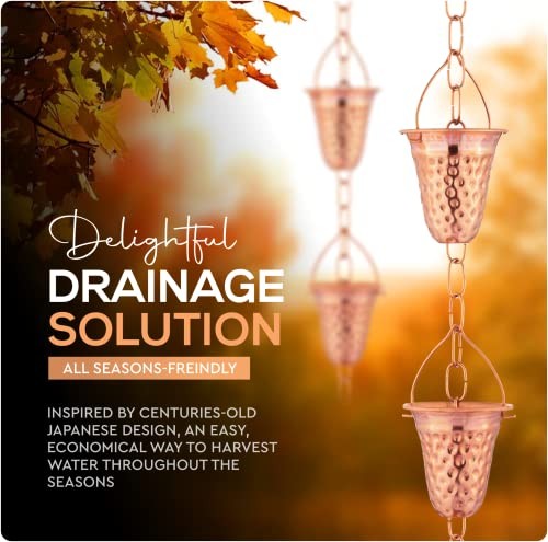 Copper Hammered Rain Chain Hollow Leaf Decorative Downspout Chimes Cups Gutter