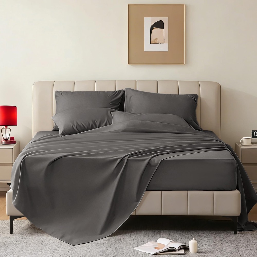 USXIBEI Queen Sheet Set - 6 Piece Sheets Size Bed Queen, Dark Grey