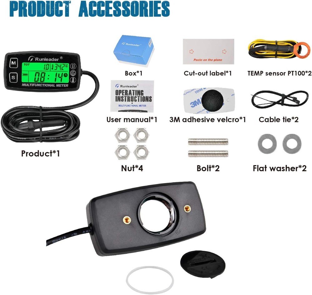 Runleader Digital Tach Hour Meter,Engine Temperature RL-HM035A-TS002