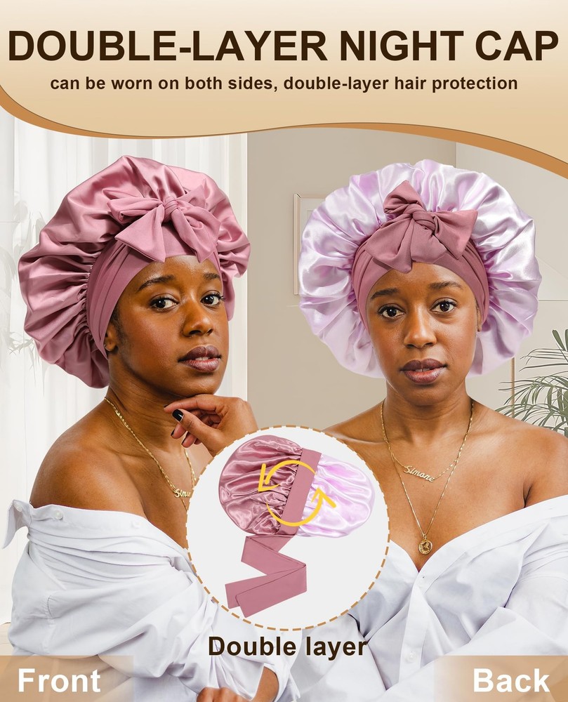 Extra Large Satin Bonnet for Sleeping Jumbo Silk Large, Bean Paste + Pink