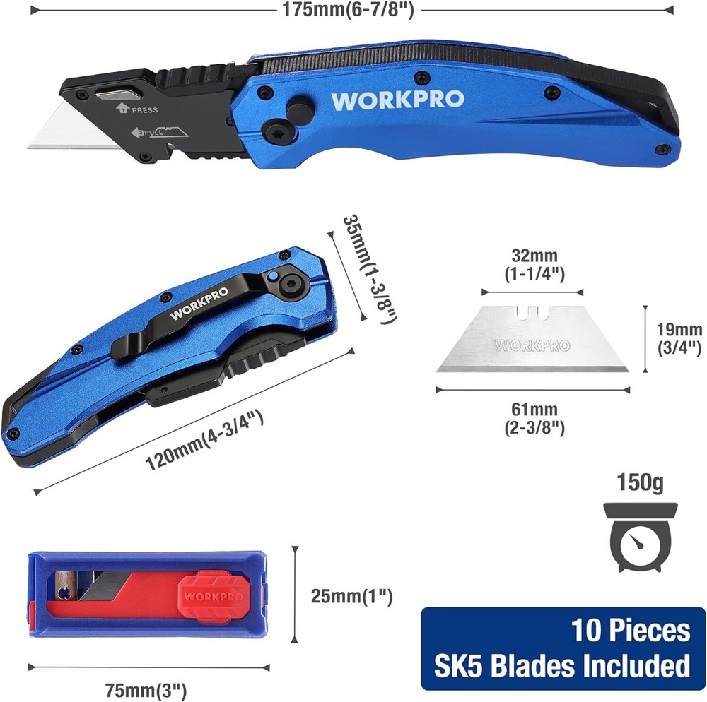 WORKPRO Folding Utility Knife,Quick Open Axis Lock Box Cutter Heavy Duty Metal