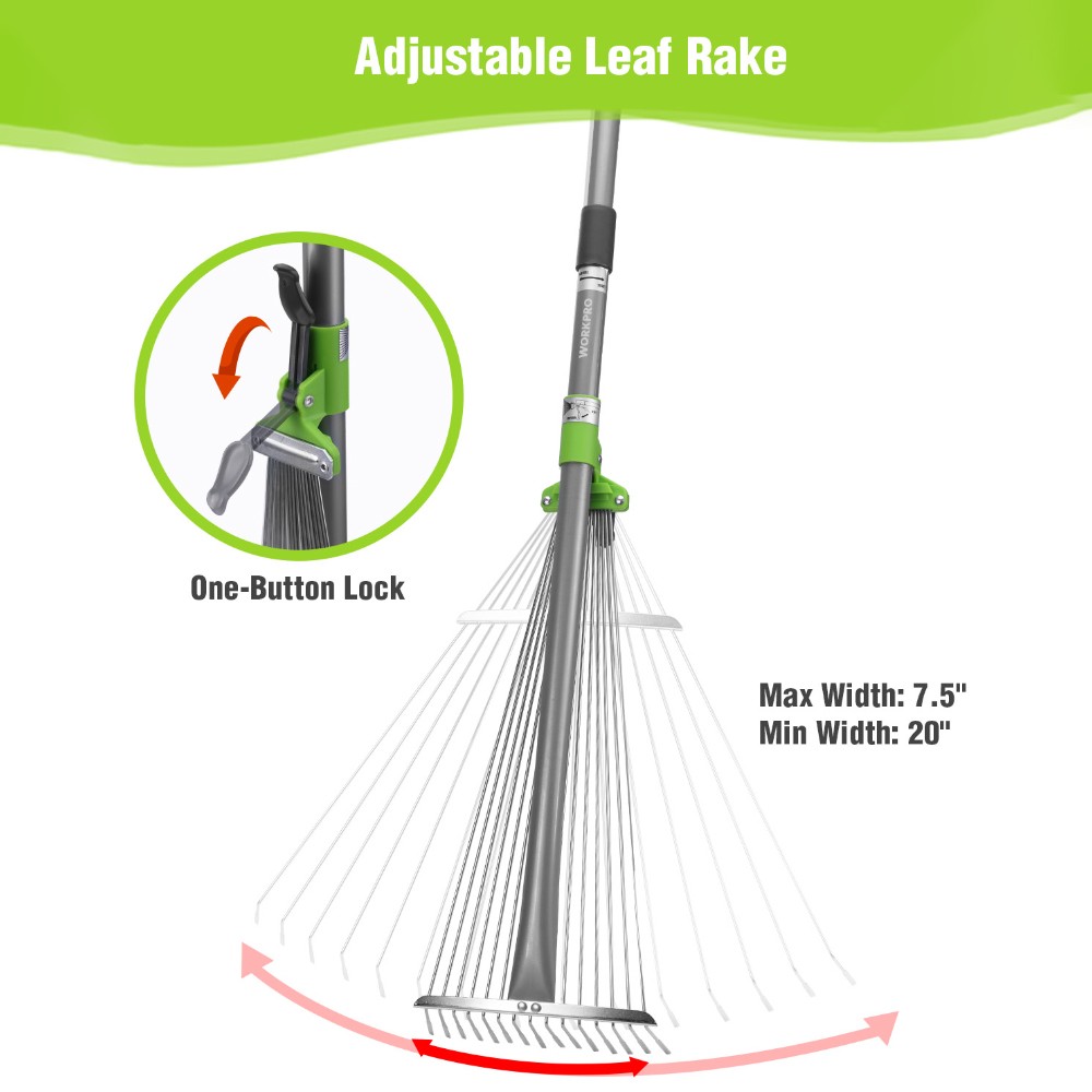 WORKPRO Leaf Rake for Gardening Adjustable Long Handle 32”- 63” Heavy Duty Rakes